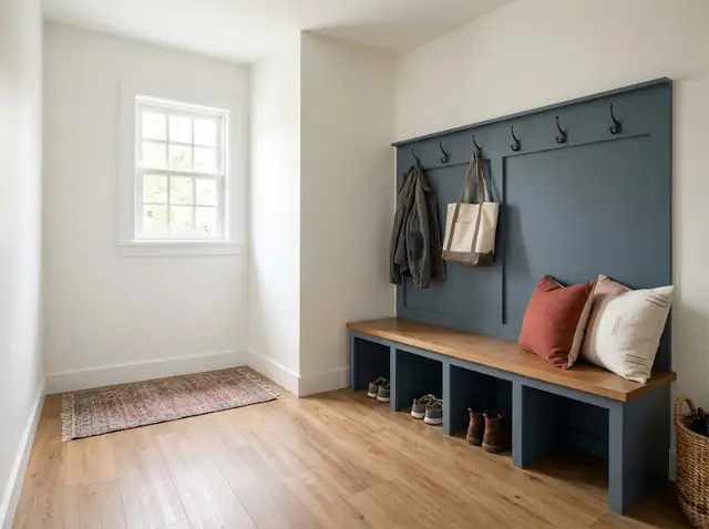 Small mud room with new oak-tone plank flooring, white walls and a wooden bench